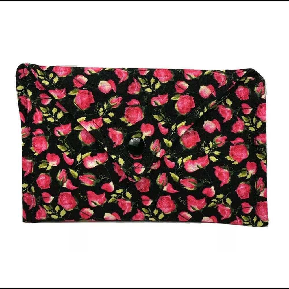 HANDMADE Fabric Pouch Black Pink Roses Storage Bag